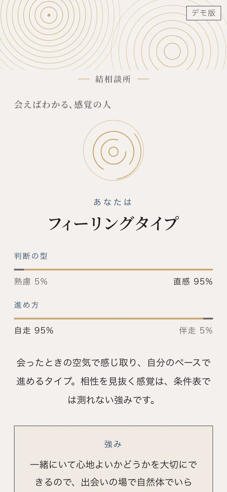 光 × 波紋 × 中央揃えの結果画面（架空の結相談所の見本。タイプ名は標準）