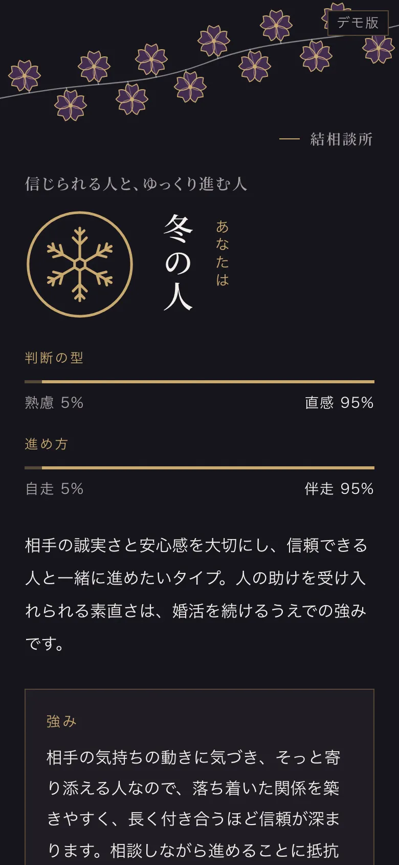 夜 × 桜 × 縦書きの結果画面（架空の結相談所の見本。タイプ名は季節）